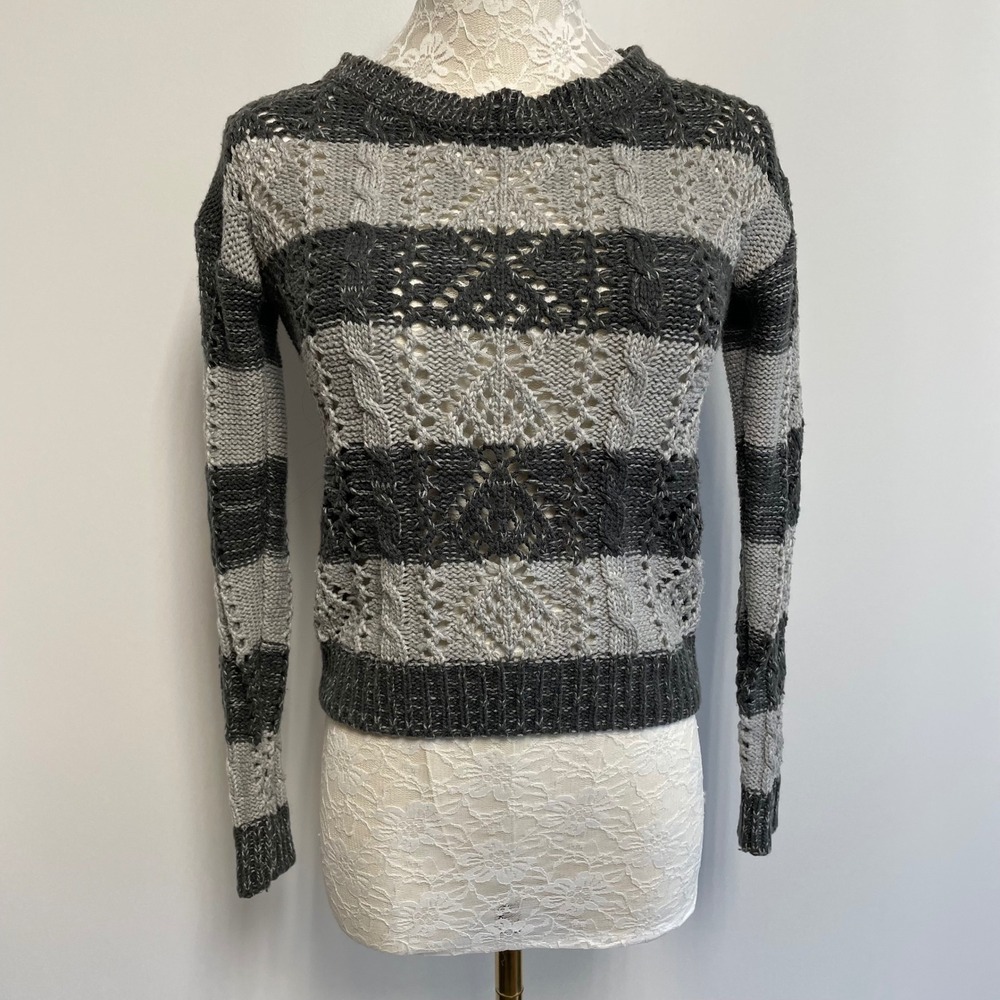 FANG Gray Black Striped Open Knit Sweater‎ XS Cropped Pointelle Cable Knit